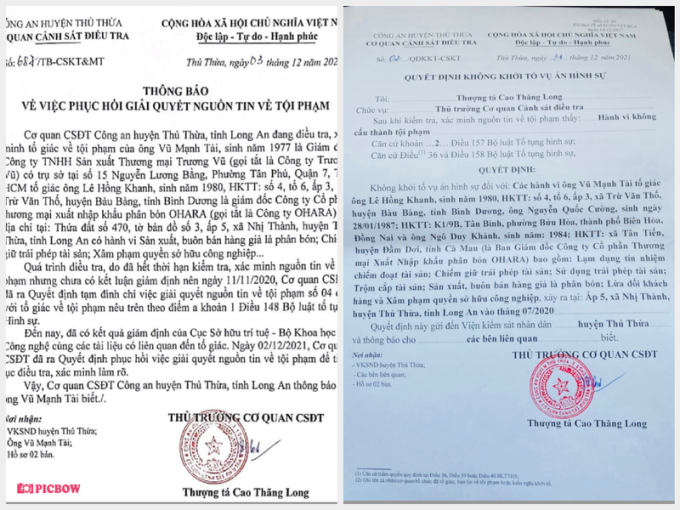 Thông báo phục hồi điều tra và không khởi tố vụ án của Cơ quan CSĐT Công an huyện Thủ Thừa đều được ký trong 01 tháng 12.