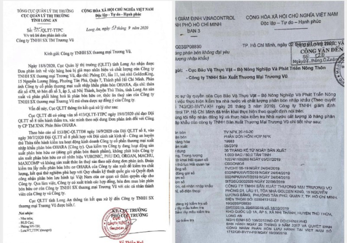 Văn bản của Cục QLTT tỉnh Long An ngày 17/9/2020 (trái) không ghi nhận tại kho Nhị Thành có phân bón NPK và Enzymax của Công ty TNHH SX TM Trương Vũvà văn bản của Vinacontrol TP HCM đầu năm 2020 lại xác nhận có phân bón NPK của Công ty TNHH SX TM Trương Vũ khi xuống kiểm tra.