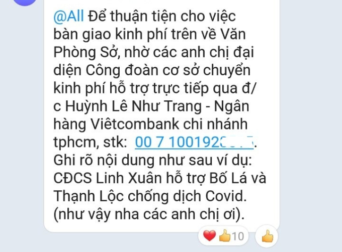 Đoạn tin nhắn kêu gọi đại diện các công đoàn gửi tiền hỗ trợ trực tiếp qua tài khoản của bà Huỳnh Lê Như Trang.  