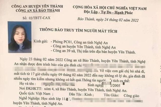 Công an phát thông báo tìm nữ sinh mất tích hơn nửa tháng ảnh 1