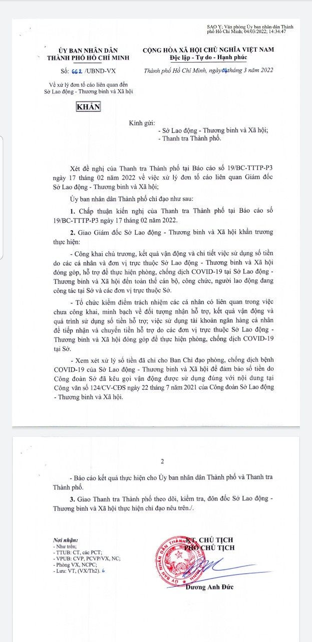 Văn bản chỉ đạo của UBND TP HCM liên quan đến việc công khai số tiền kêu gọi hỗ trợ Covid-19 tại Sở LĐ,TB&XH TP.HCM