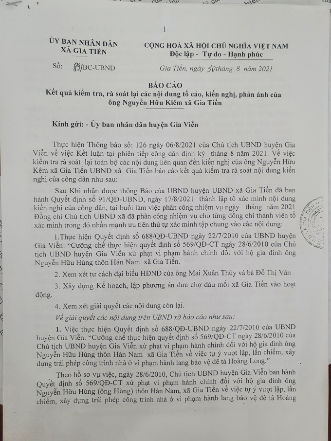 Báo cáo số 89/BC-UBND của ông Đỗ Hữu Thanh, Chủ tịch UBND Gia Tiến gửi UBND huyện Gia Viễn về thẩm quyền giải quyết từng nội dung mà ông Kiêm khiếu nại, tố cáo.