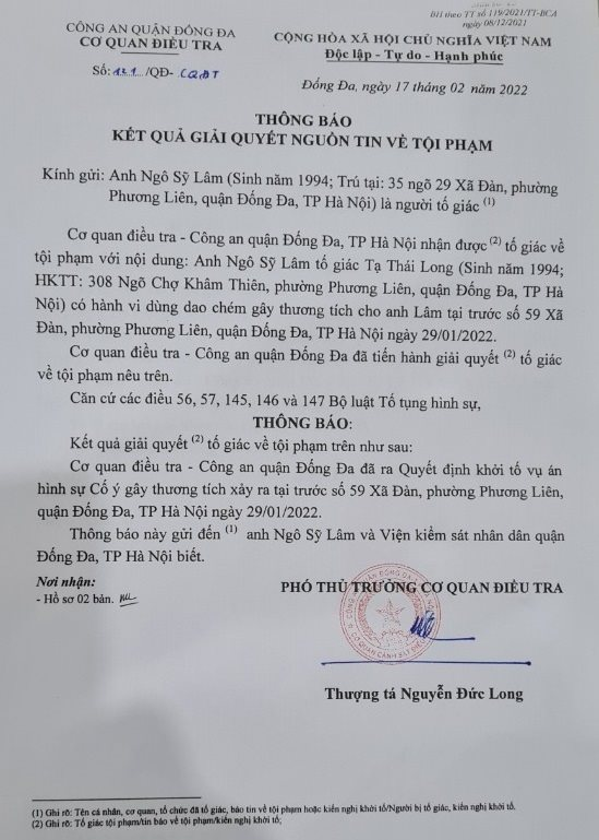 Thông báo kết quả giải quyết nguồn tin về tội phạm số 121/QĐ-CQĐT ngày 17/2/2022 của Cơ quan điều tra, Công an quận Đống Đa, TP. Hà Nội.