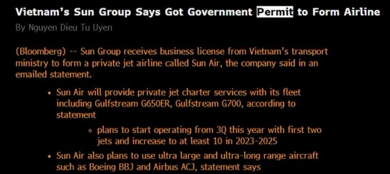 Bloomberg đưa tin về hãng hàng không Sun Air của Sun Group