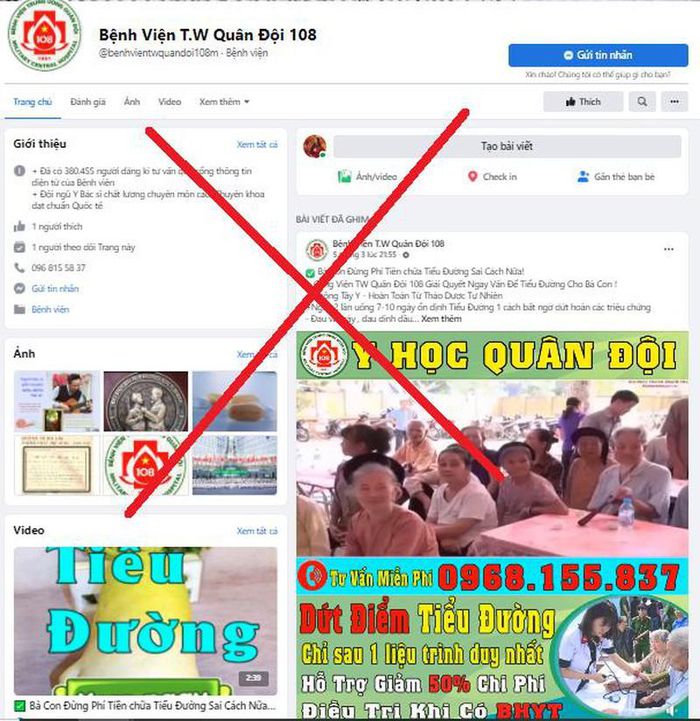 Trang mạo danh có tên “Viện Quân y 108” đã cắt ghép video quảng cáo sản phẩm và sao chép bài viết trên trang fanpage.