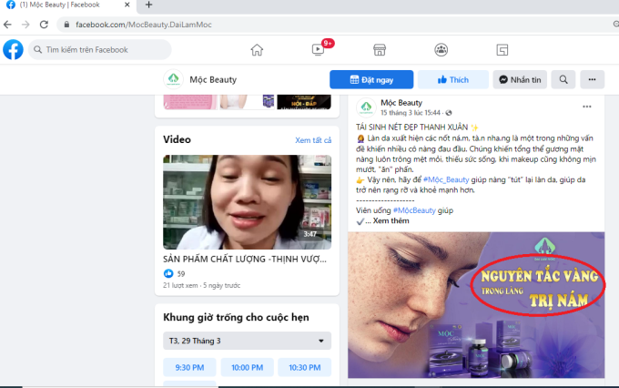 Nội dung quảng cáo trên Fanpage Mộc Beauty.