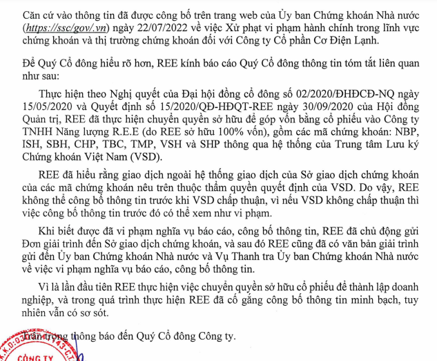 Cơ điện Lạnh (REE) nói gì về việc bị xử phạt do không báo cáo giao dịch?