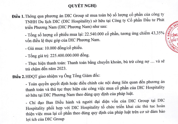 DIC Corp (DIG) chi hàng trăm tỷ đồng mua cổ phần của DIC Phương Nam