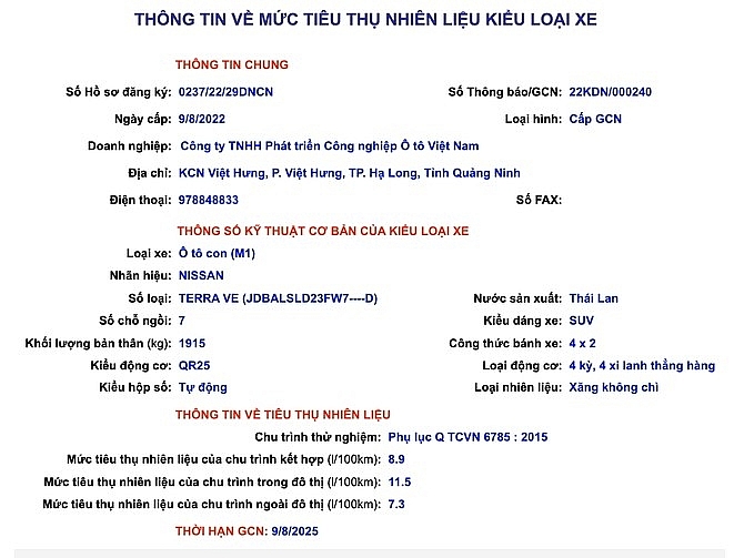 Thông tin về Nissan Terra xuất hiện trên website của Cục Đăng kiểm