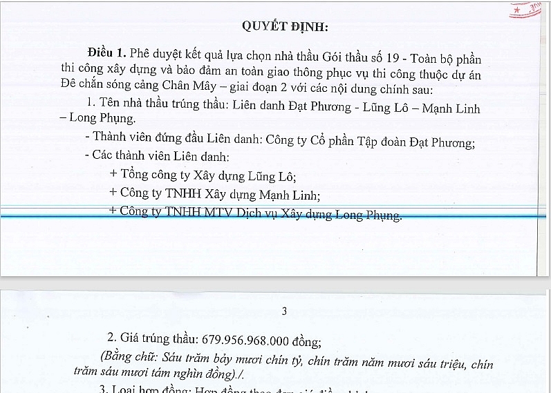 Trích một phần Quyết định phê duyệt kết quả lựa chọn nhà thầu mới công bố