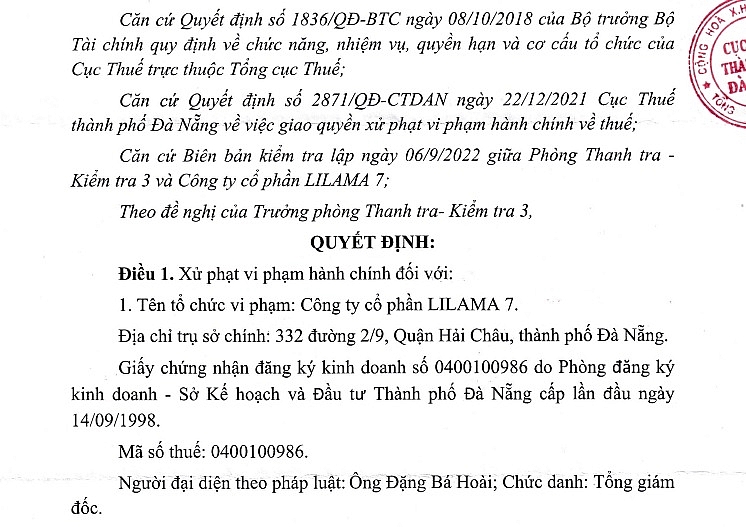 Trích một phần Quyết định của Cục Thuế Đà Nẵng