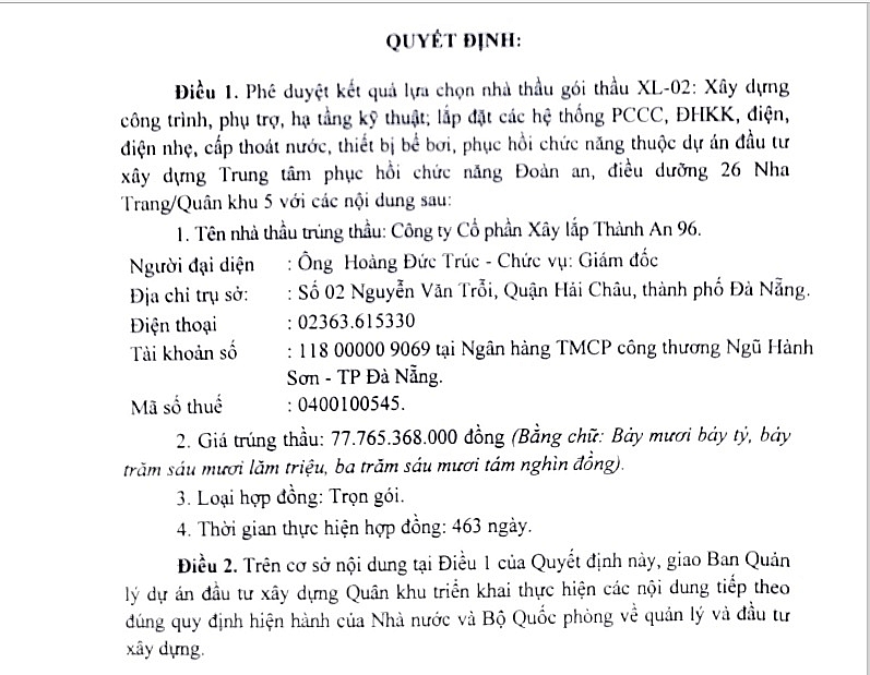 Một phần quyết định phê duyệt KQLCNT của Quân khu 5