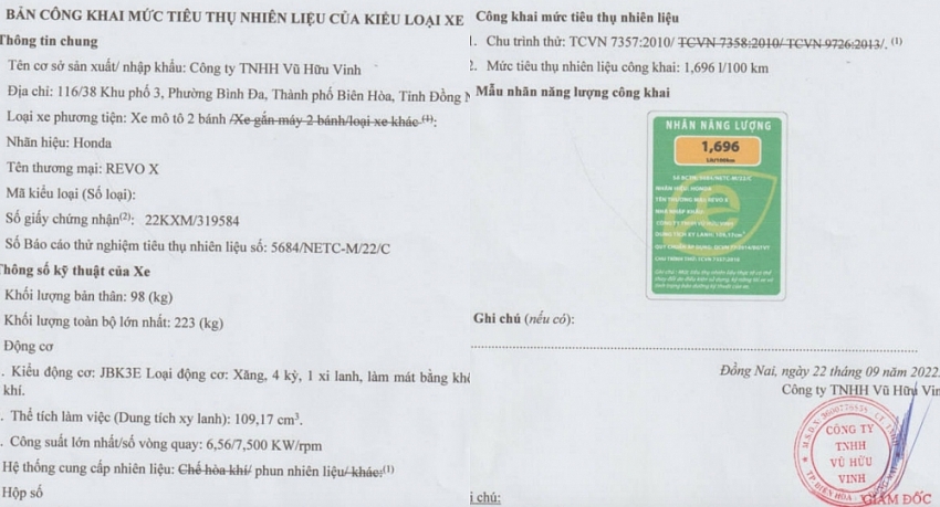 Thông tin về mẫu Honda Revo X được Cục Đăng kiểm Việt Nam cập nhật (Ảnh: Cục Đăng kiểm Việt Nam)