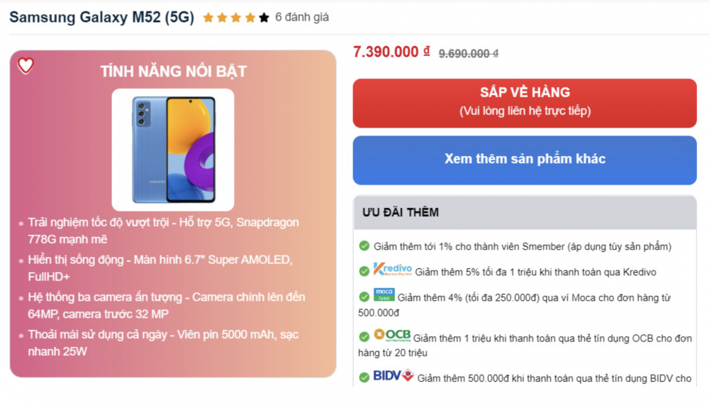 Samsung Galaxy M52 5G tiếp tục “sale đậm” cuối tháng 10, làm khó Redmi Note 11 Pro 5G