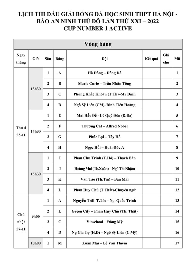 Lịch thi đấu toàn bộ vòng bảng giải bóng đá học sinh THPT Hà Nội 2022 ảnh 1