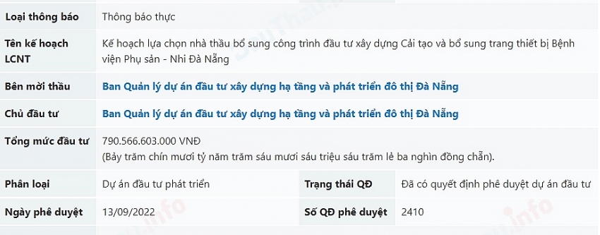 Theo KHLCNT bổ sung dự án BV Phụ Sản Nhi Đà Nẵng, dự án này sẽ có 11 gói thầu, tổng giá trị hơn 790 tỷ đồng