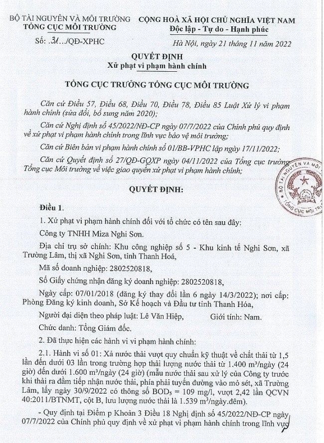 Xả thải vượt quy chuẩn cho phép Công ty Miza Nghi Sơn bị phạt hơn 550 triệu