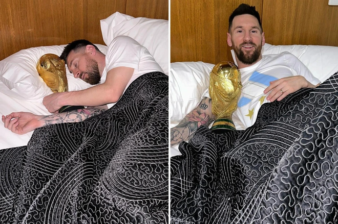 Messi gây sốt khi ôm cúp vàng thế giới đi ngủ ảnh 1