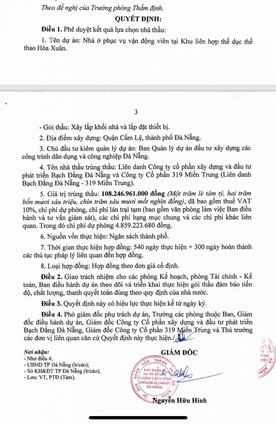 Trích một phần quyết định của Ban QLDA đầu tư xây dựng công trình dân dụng và công nghiệp Đà Nẵng mới công bố