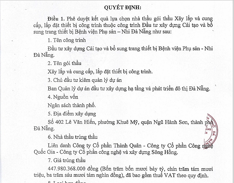 Quyết định phê duyệt kết quả lựa chọn nhà thầu vừa được GĐ Ban QLDA đầu tư xây dựng và phát triển hạ tầng đô thị Đà Nẵng ký