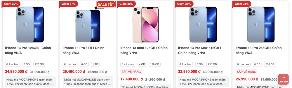 bảng giá các sản phẩm iPhone 13