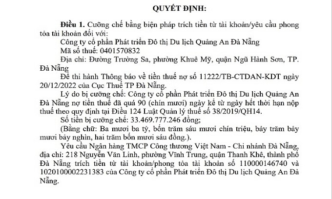 Chủ dự án The Song Đà Nẵng nợ như 'chúa chổm', bị cưỡng chế trích tiền trong tài khoản