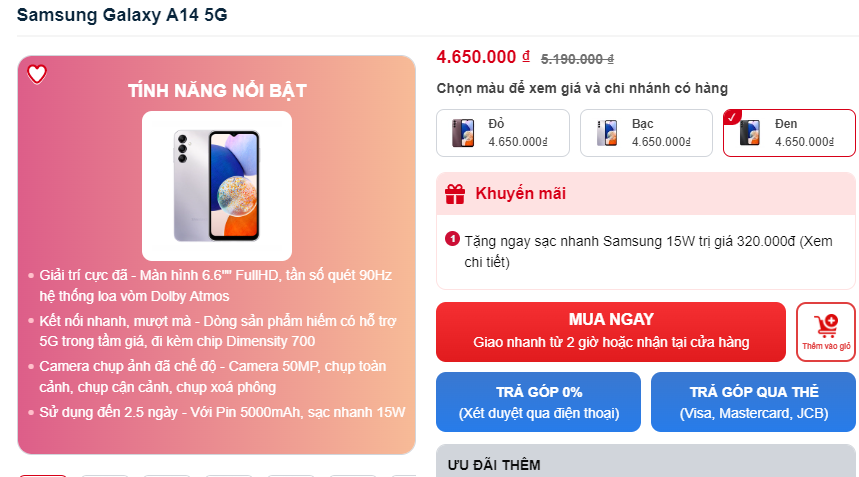 Giá Samsung Galaxy A14 mới nhất tháng 2