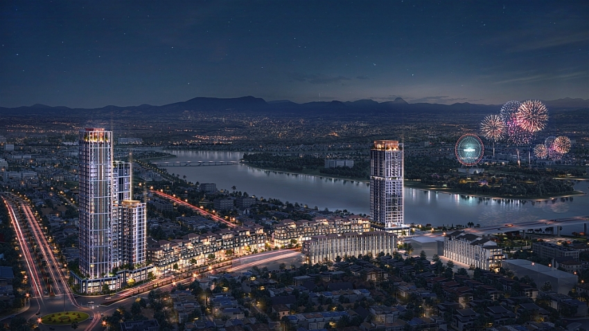 Sun Cosmo Residences Da Nang nằm kề bên sông Hàn mang tới những giá trị sống vượt trội. Ảnh phối cảnh minh họa