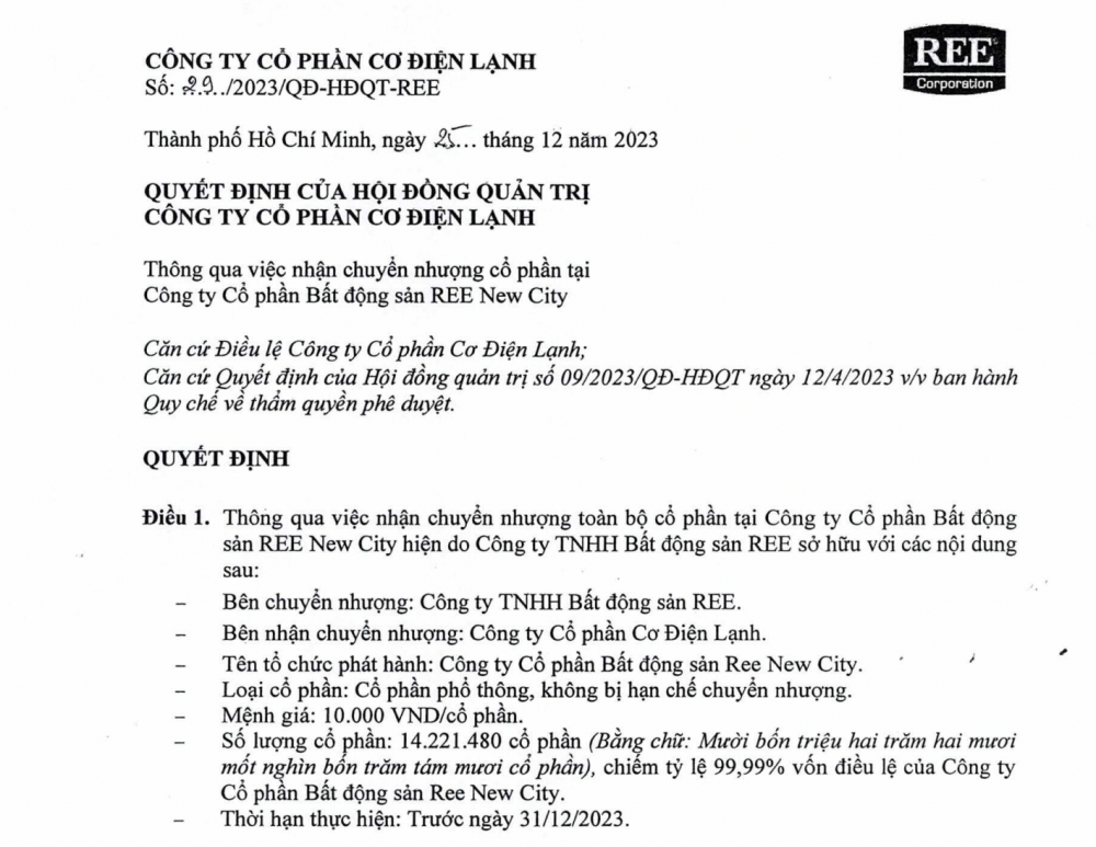 Cơ điện lạnh (REE) chi 142 tỷ đồng để mua lại một doanh nghiệp bất động sản từ công ty con