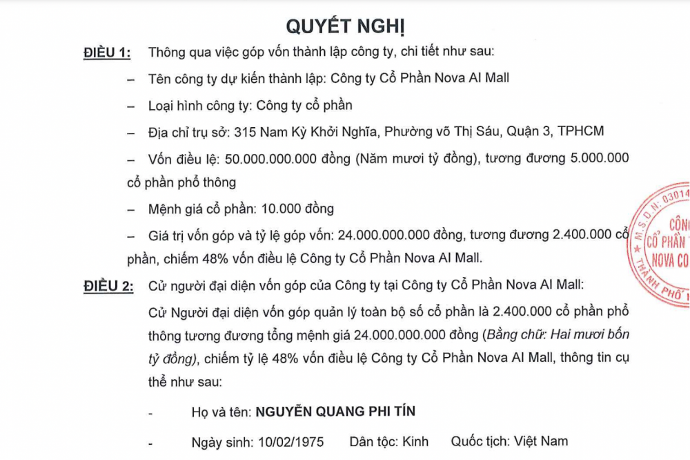 Nova Consumer (NCG) chi 24 tỷ đồng góp vốn thành lập công ty mới