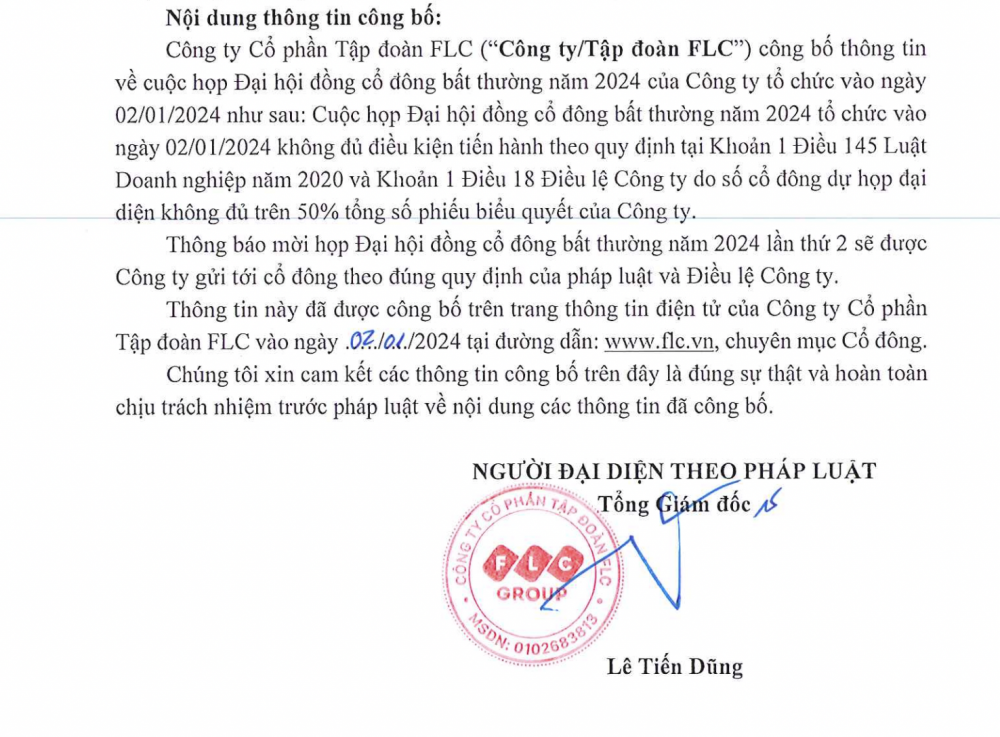 ĐHĐCĐ đầu tiên năm 2024 của FLC bất thành