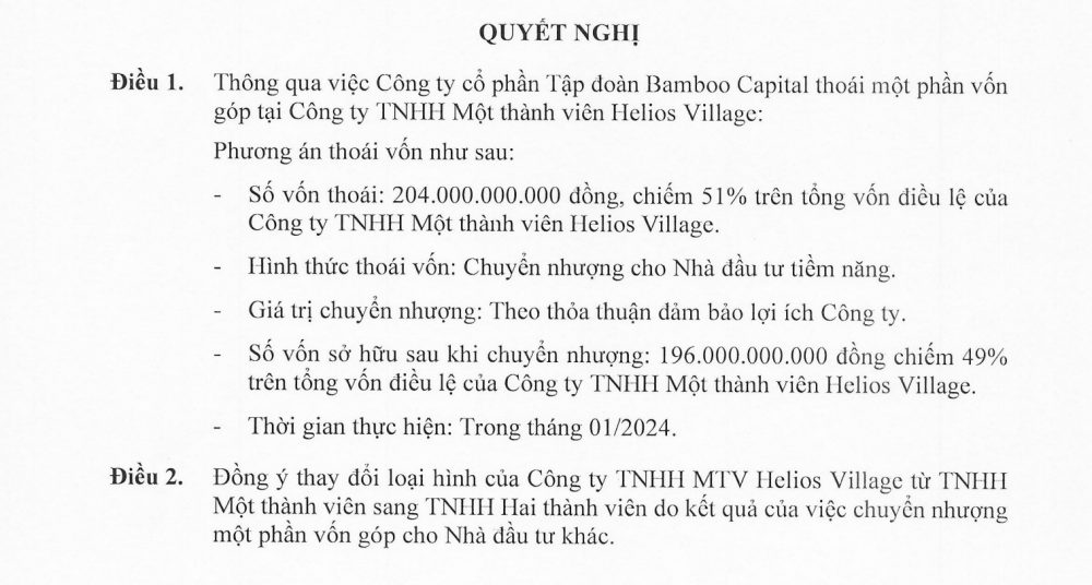 Bamboo Capital (BCG) muốn thoái 51% vốn góp tại chủ dự án Helios Village trong tháng 1