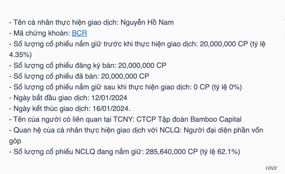 Chủ tịch Bamboo Capital thoái sạch vốn tại BCG Land