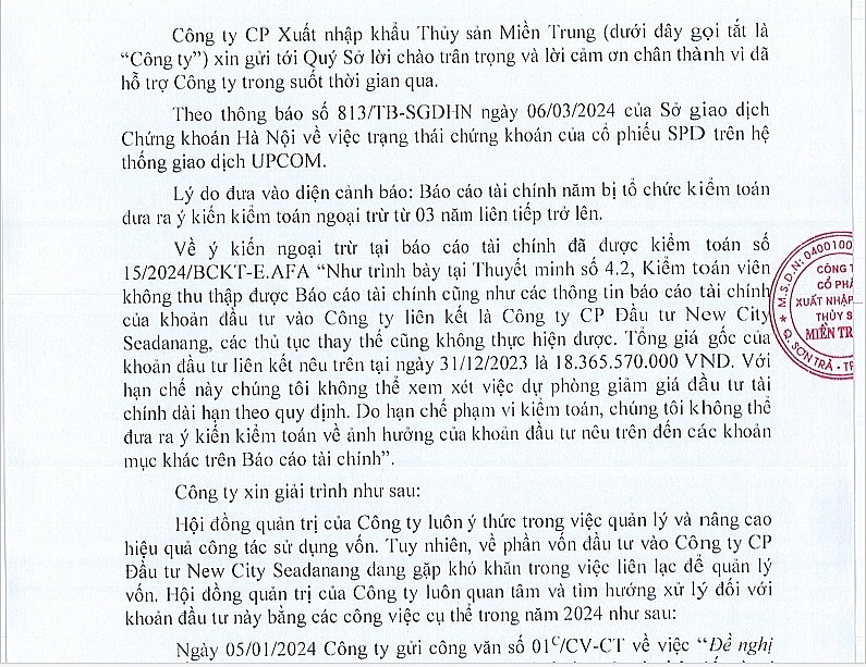 Giải trình của XNK Thủy sản Miền Trung về ý kiến kiểm toán ngoại trừ