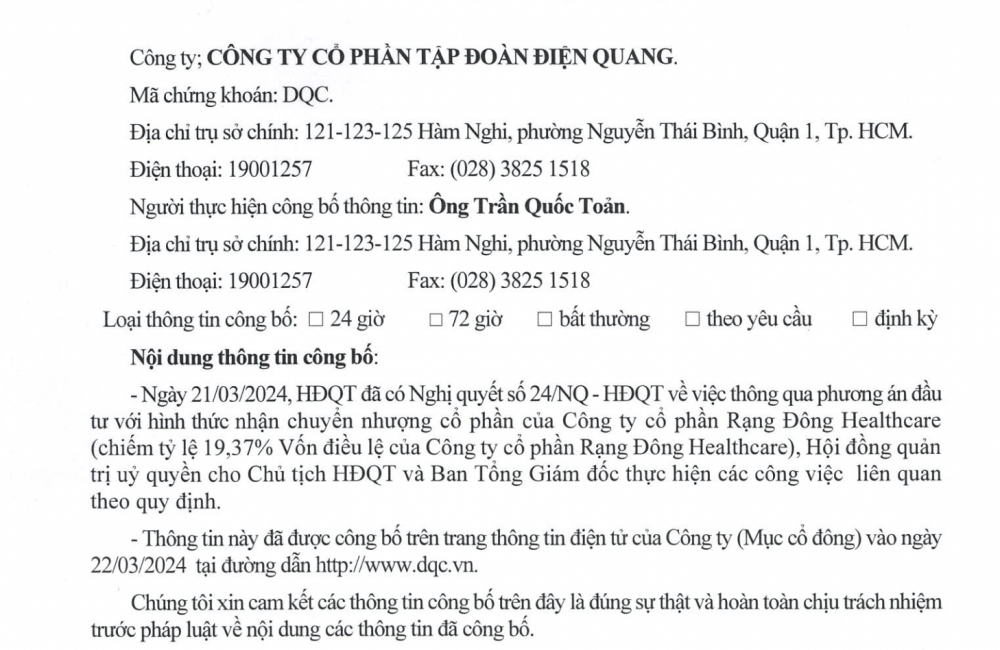 Điện Quang (DQC) muốn nhận chuyển nhượng hơn 19% Rạng Đông Healthcare, sẽ “dấn thân” vào lĩnh vực mới?