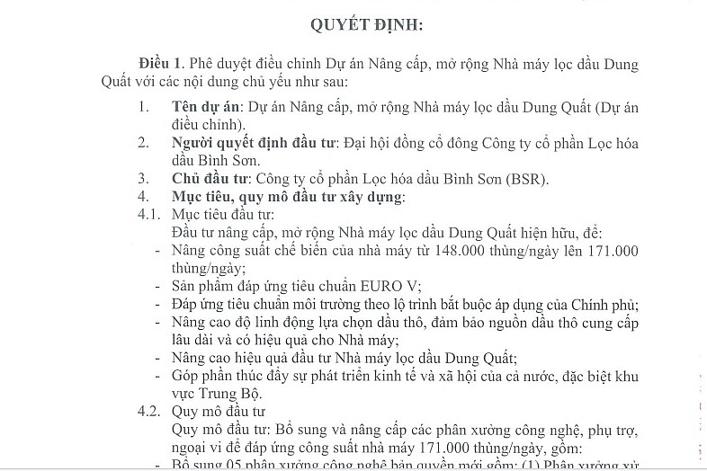 Nhà máy Lọc dầu Dung Quất tăng vốn đầu tư gần 1,5 tỷ USD, vận hành vào 2028