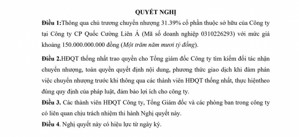 Quốc Cường Gia Lai (QCG) tính bán thêm công ty liên kết với giá 150 tỷ đồng