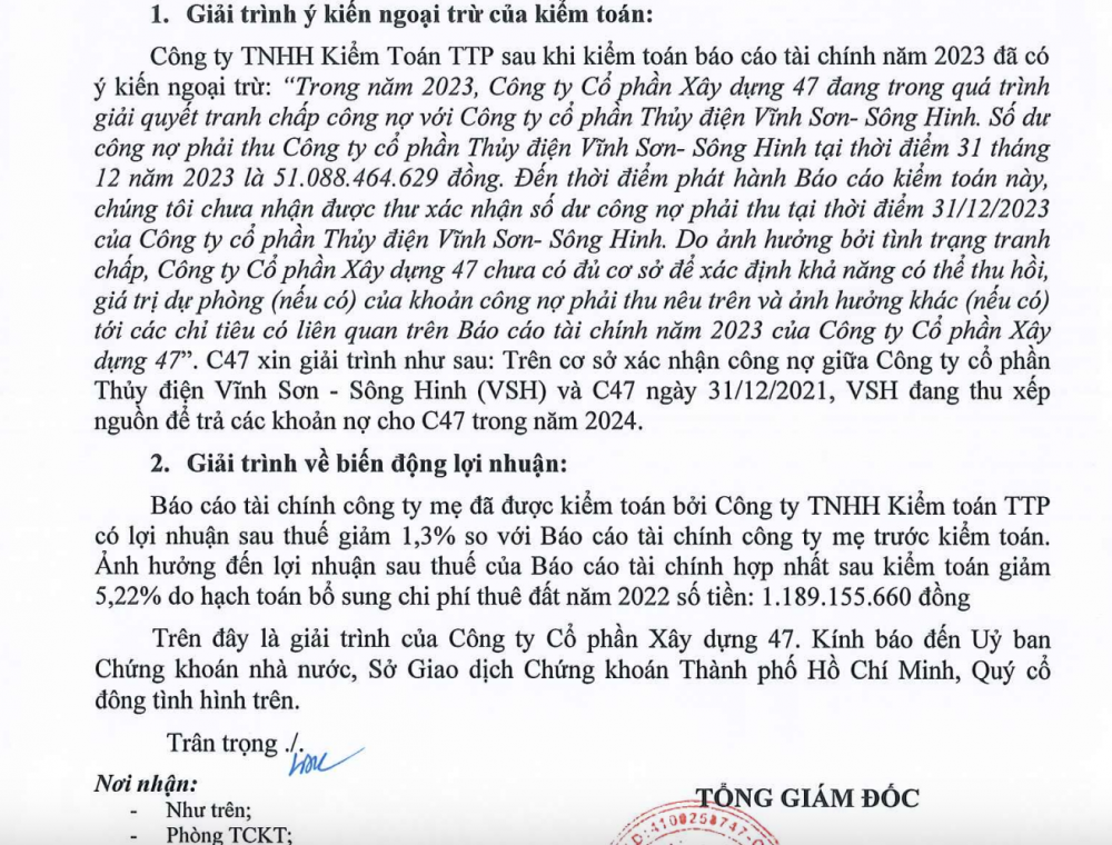 Xây dựng C47 nói gì khi bị kiểm toán đưa ra ý kiến ngoại trừ?