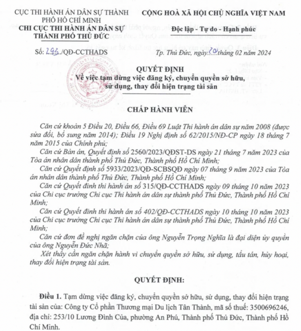 Quyết định ngăn chặn chuyển dịch tài sản để thi hành án đối với Công ty Tân Thành theo đề nghị từ phía khách hàng