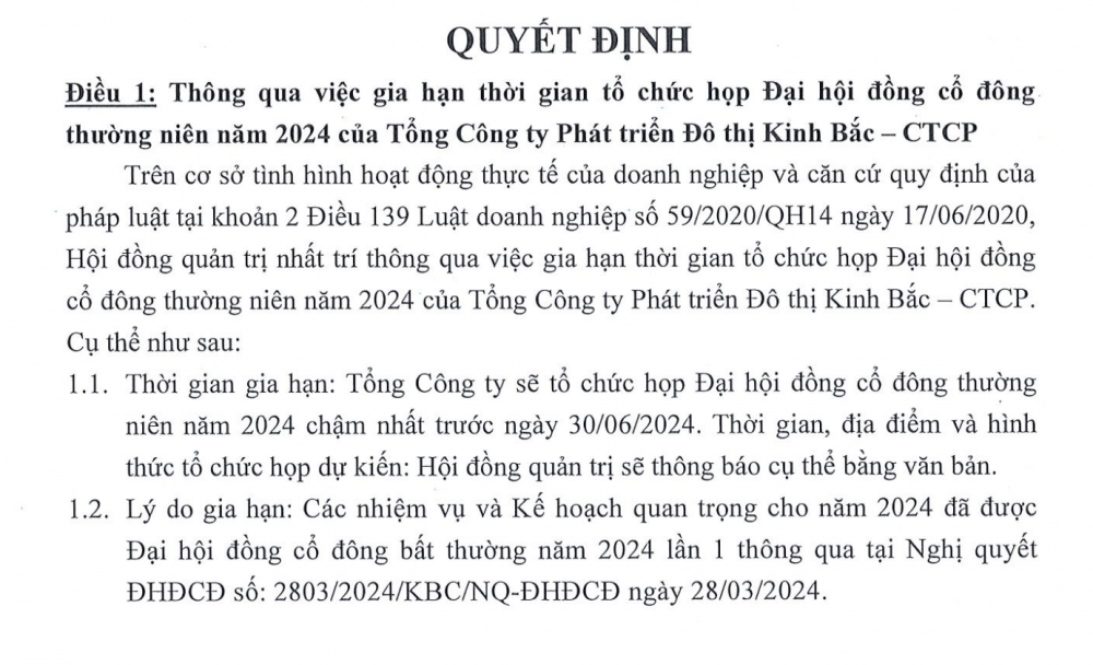 Kinh Bắc (KBC) gia hạn ĐHĐCĐ thường niên năm 2024