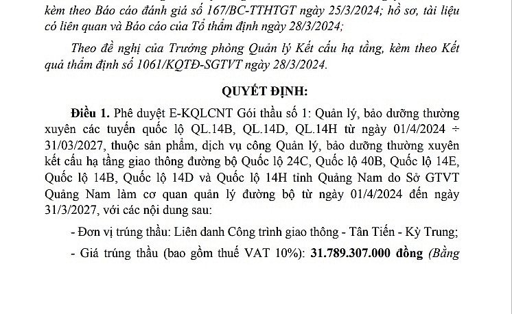 Trích QĐ phê duyệt kết quả gói thầu 01 do ông Trần Ngọc Thanh vừa ký