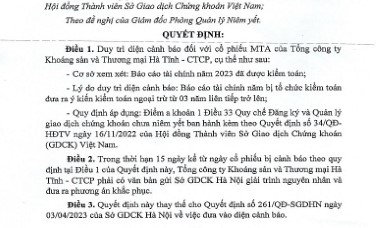 Khoáng sản và Thương mại Hà Tĩnh (Mitraco) thua lỗ hơn trăm tỷ, cổ phiếu MTA duy trì diện cảnh báo