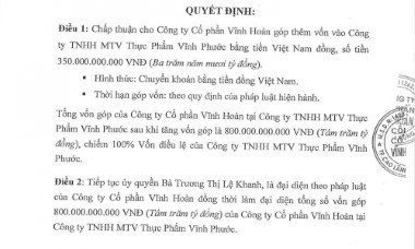 Vĩnh Hoàn (VHC) rót thêm 350 tỷ đồng vào công ty chế biến thủy sản