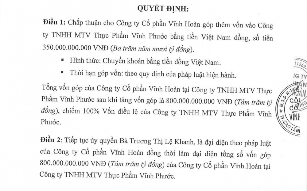 Vĩnh Hoàn (VHC) rót thêm 350 tỷ đồng vào công ty chế biến thủy sản