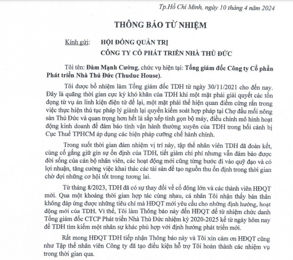 Tổng Giám đốc Thuduc House (TDH) bất ngờ từ nhiệm vì “không đáp ứng tiêu chí của HĐQT mới”