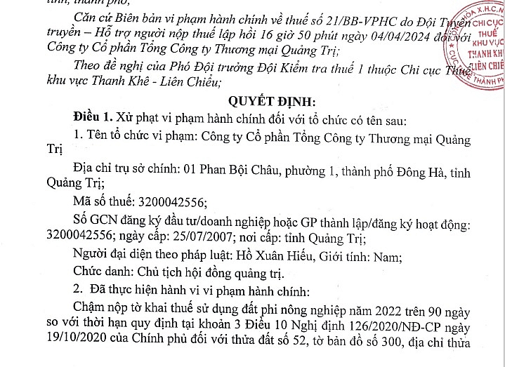 Thương mại Quảng Trị dính án phạt về thuế ở Đà Nẵng