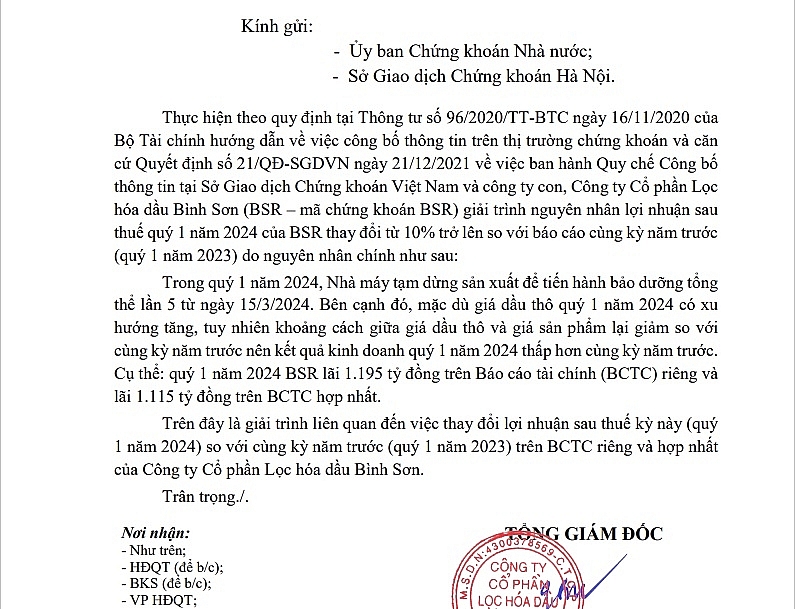 Giải trình về kết quả kinh doanh quý 1/2024 của Lọc hóa dầu Bình Sơn