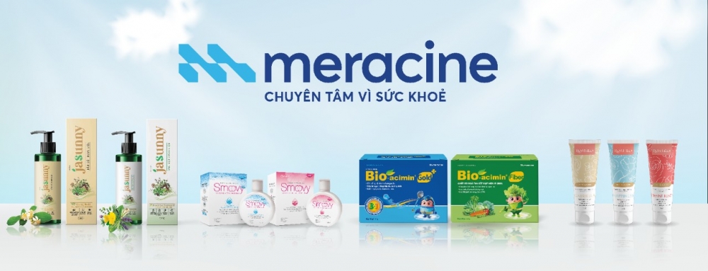 Các sản phẩm tiêu biểu của Dược phẩm Meracine: Cốm vi sinh Bio-acimin, dầu gội Jasunny, dung dịch vệ sinh Smoovy, gel tẩy tế bào chết Rewhitez.