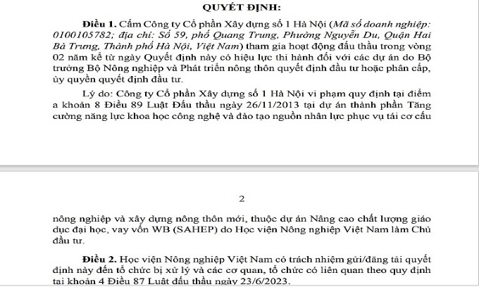 Ngang nhiên chuyển nhượng thầu trái phép, Xây dựng số 1 Hà Nội bị cấm thầu 2 năm