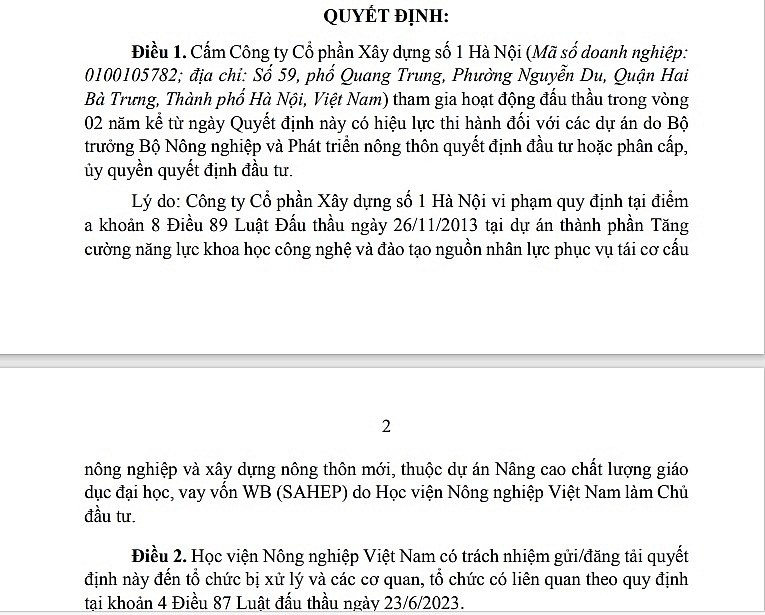 Án phạt nặng cho Xây dựng số 1 Hà Nội với hành vi chuyển nhượng thầu trái phép